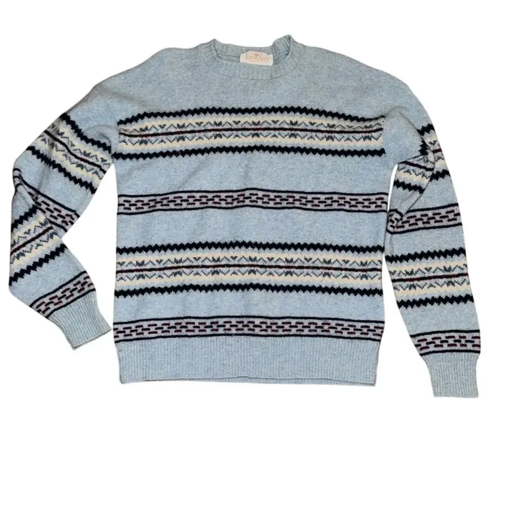 JANTZEN 80s90s Geometric Fair Isle Baby Blue Pullover  Crewneck Sweater Size XL